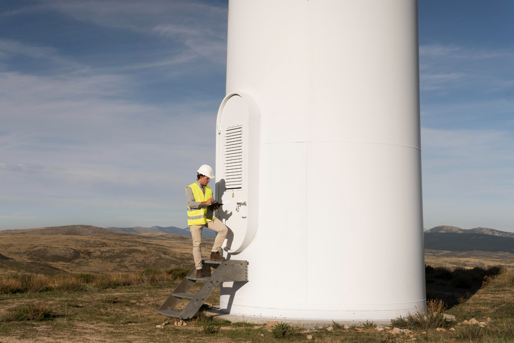 Technicien intervenant sur la nacelle d'une éolienne