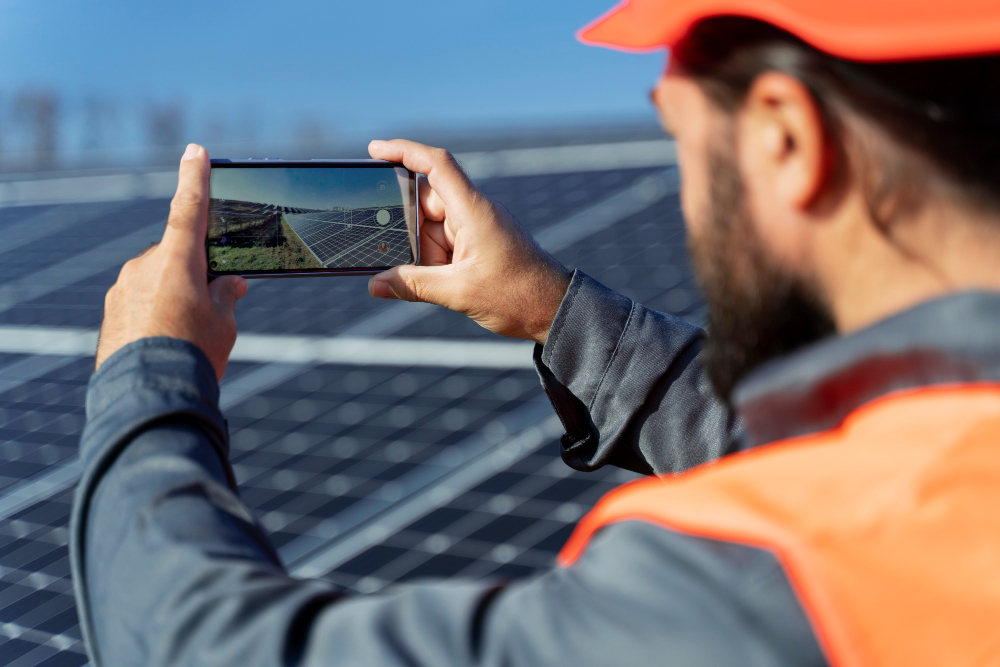 Technicien contrôlant une chaîne photovoltaïque en toiture
